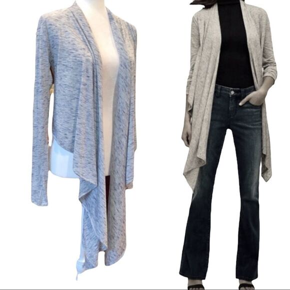 ANTHROPOLOGIE Cascadia Gray/Blue Marled Knit Cardigan Waterfall Front Sz S - Picture 1 of 12